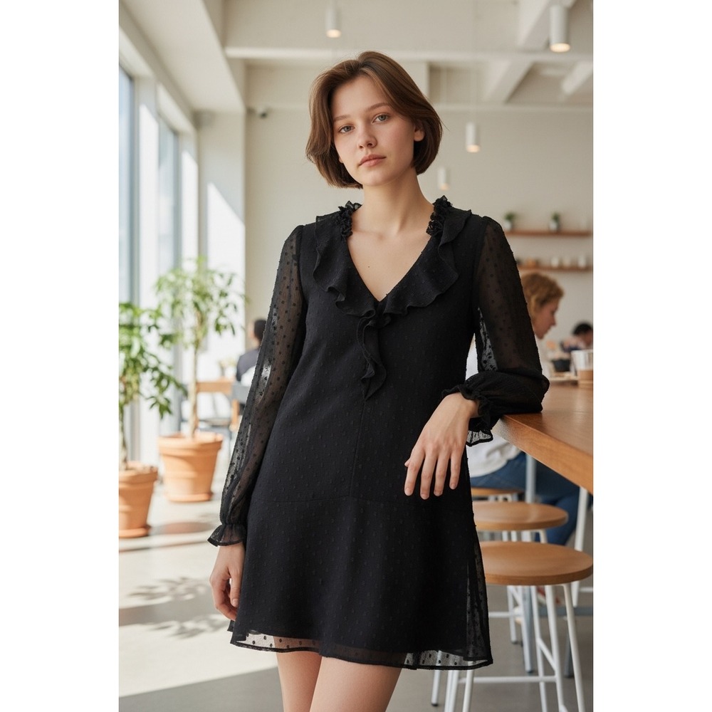 Zara Basic Collection Navy Sheer Dot Ruffle Neck … - image 1